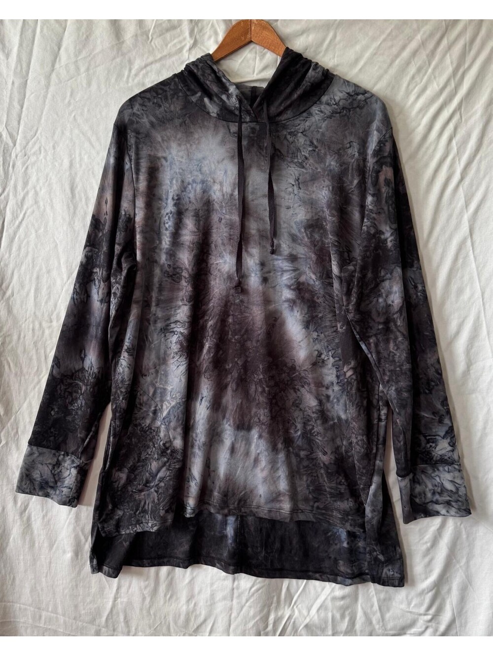 Logo Lounge Top Womens L Black Gray Tie Dye Hooded Tunic Side Pockets